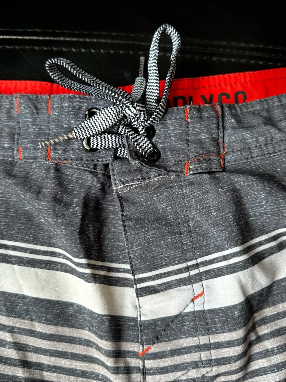 Mossimo Supply Co. Gray & White Striped Men's Swim Board Shorts with Red Accents